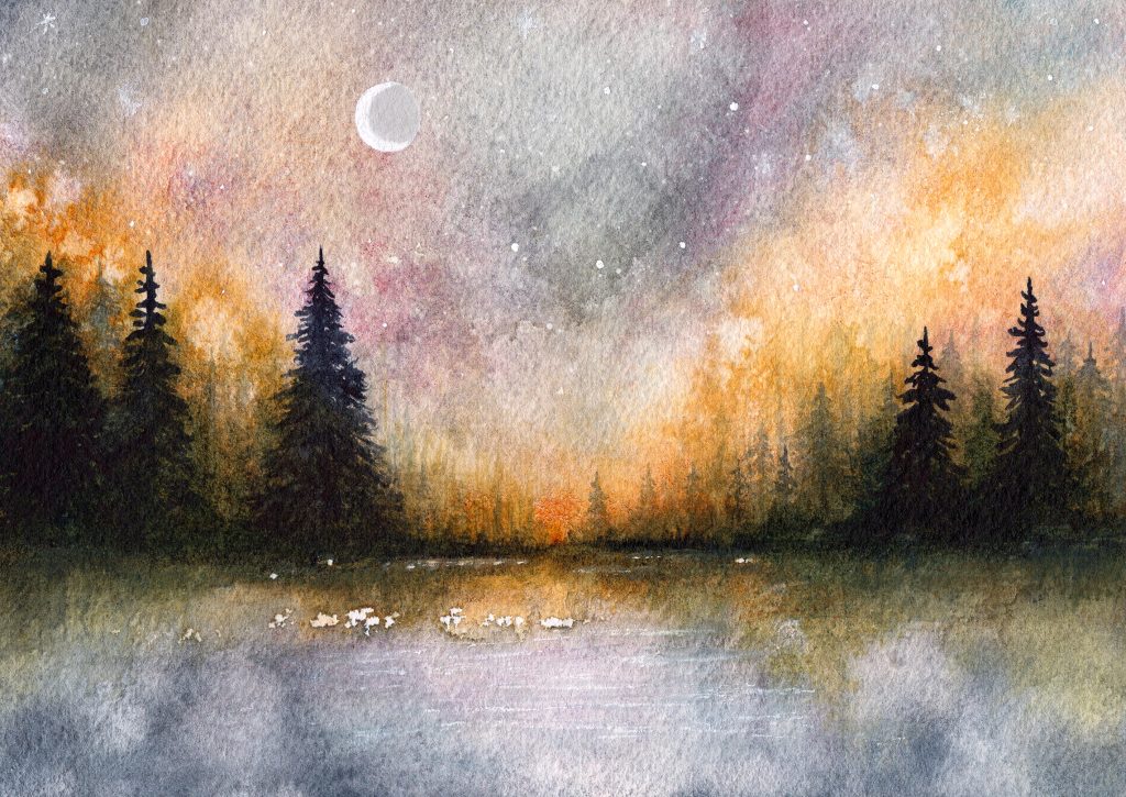lunar twilight watercolor painting by the green artist