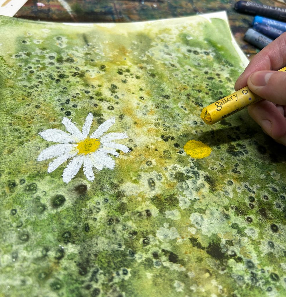 Daisy Oil Pastel Watercolor Painting