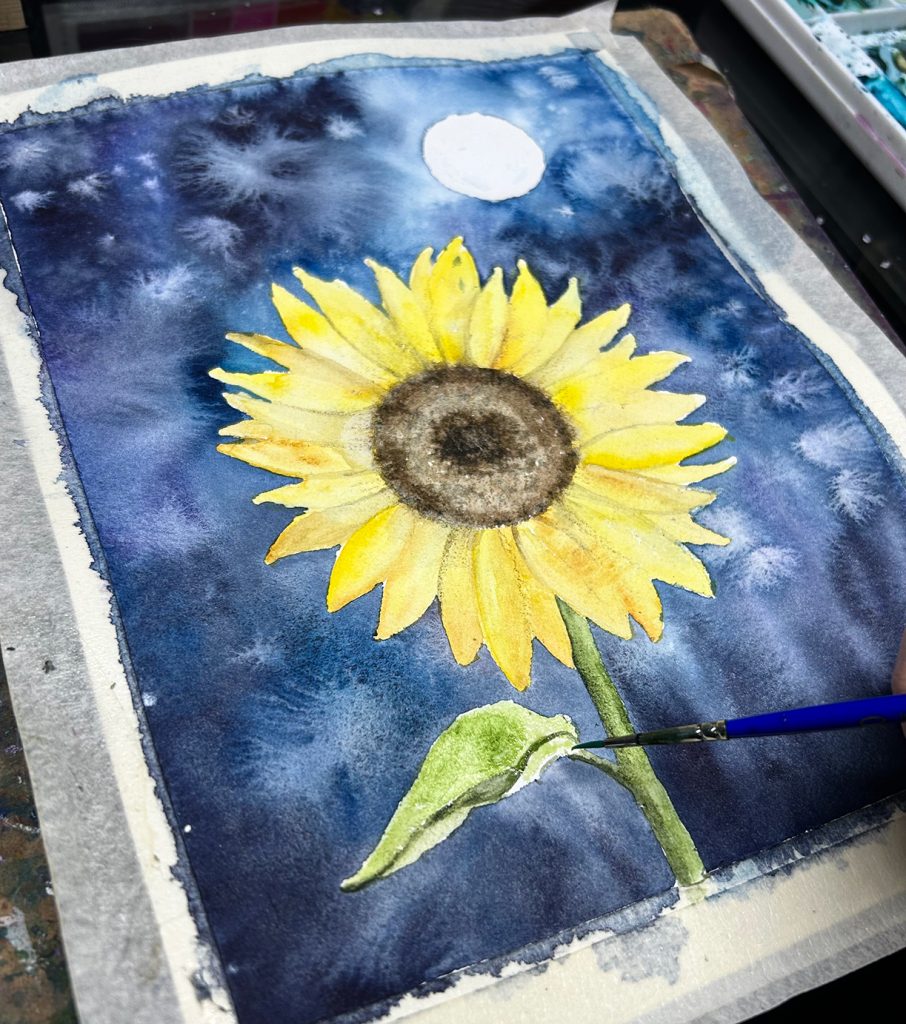 moonlit sunflower watercolor painting