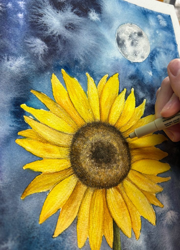 moonlit sunflower watercolor painting